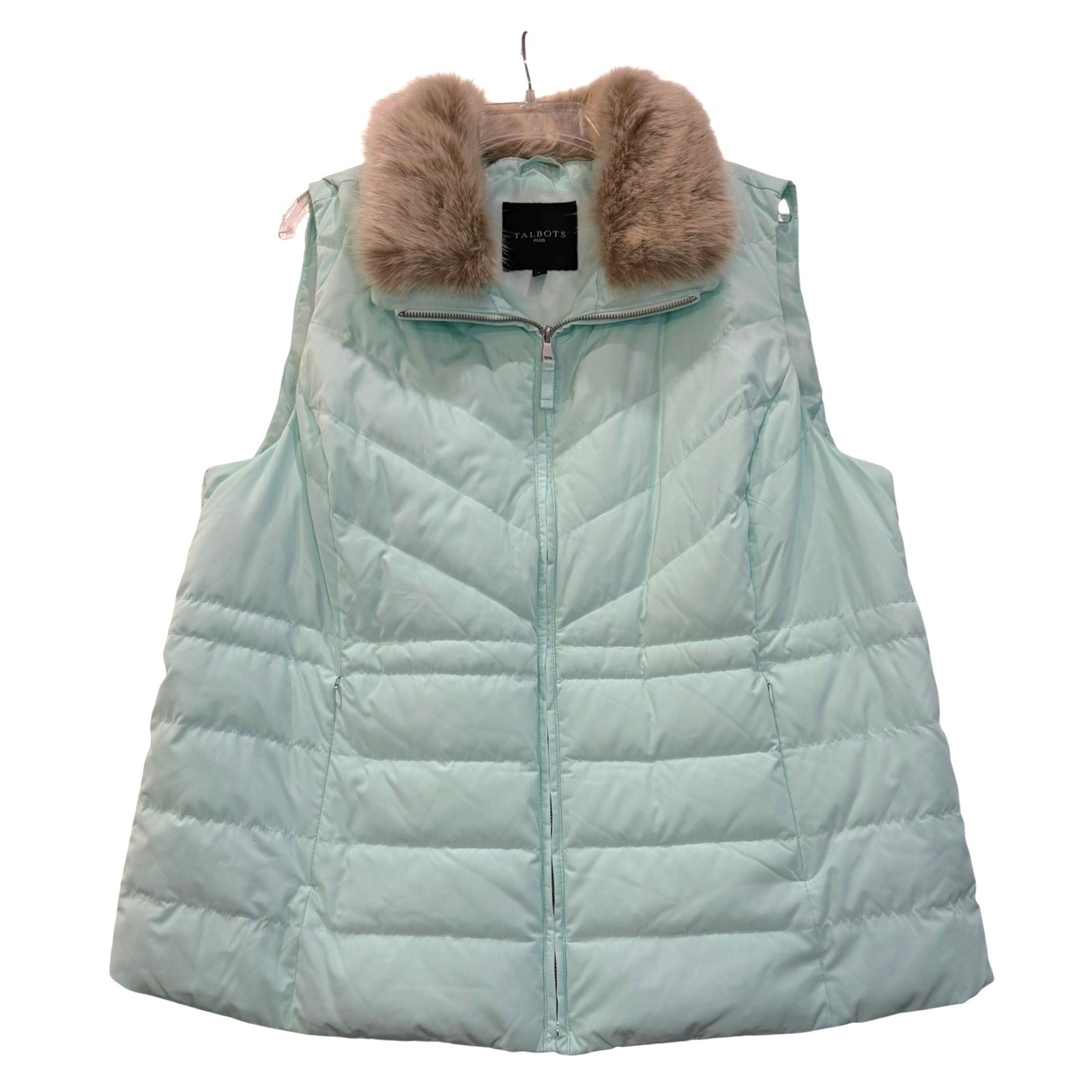 Talbots Plus Women's 2x Mint Green Down Puffer Vest Faux Fur Collar